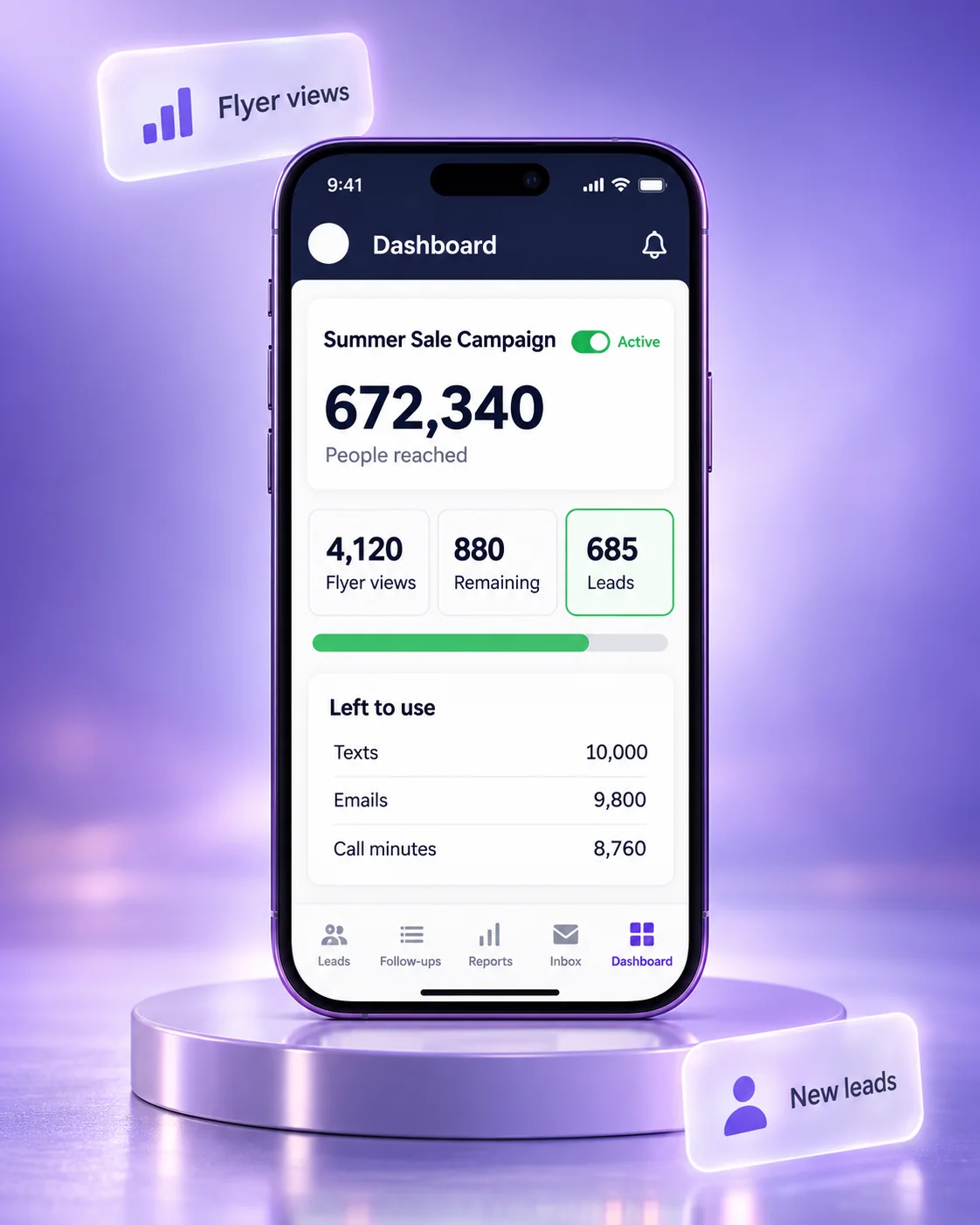 The Adviuz dashboard on a phone — people reached, flyer views, leads, and texts, emails and call minutes left to use