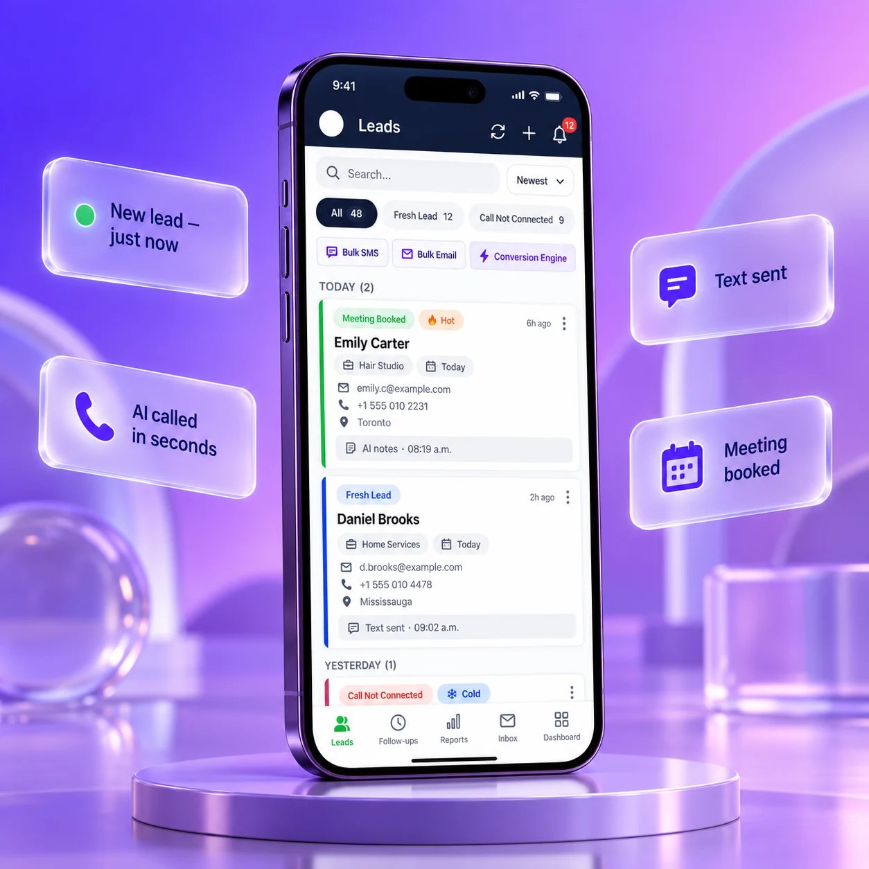 The Adviuz Leads screen on a phone — new leads, AI calls, texts sent and meetings booked